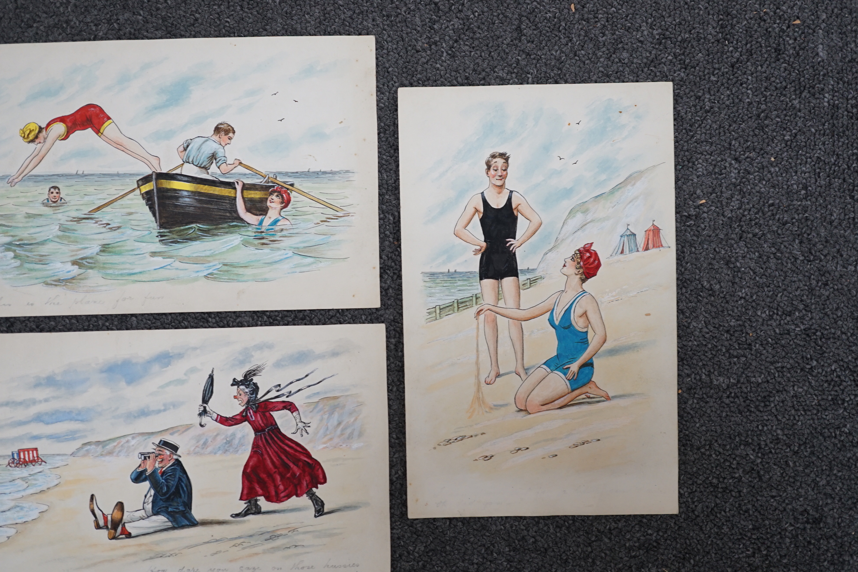 Alfred Edward Philp (c.1910), set of five ink and watercolour postcard designs, Bathing Scenes, 14.5 x 23cm, unframed